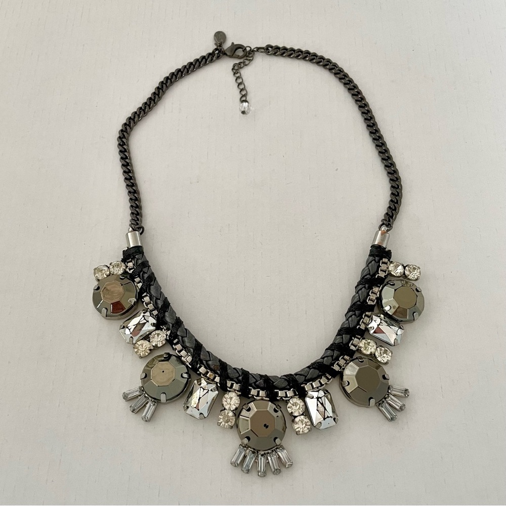 Express Silver Tone Crystal Jewel Embellished Rope Chain Statement Bib Necklace